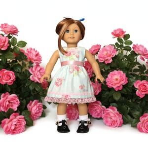 Floral Cotton Doll Dress for 18 Inch Dolls Mint Green, Pink Roses, Vintage Style